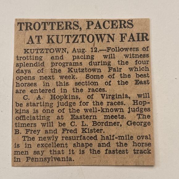 Trotters Pacers At Kutztown Fair CA Hopkins 1934 Philadelphia Clipping SAI5-S12